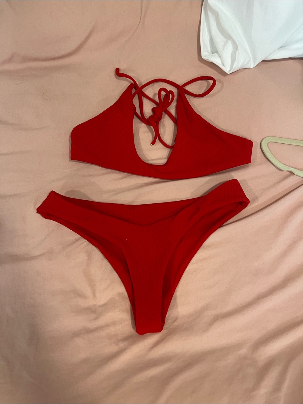 Zaful Red Ribbed Tie-Back Bikini Set